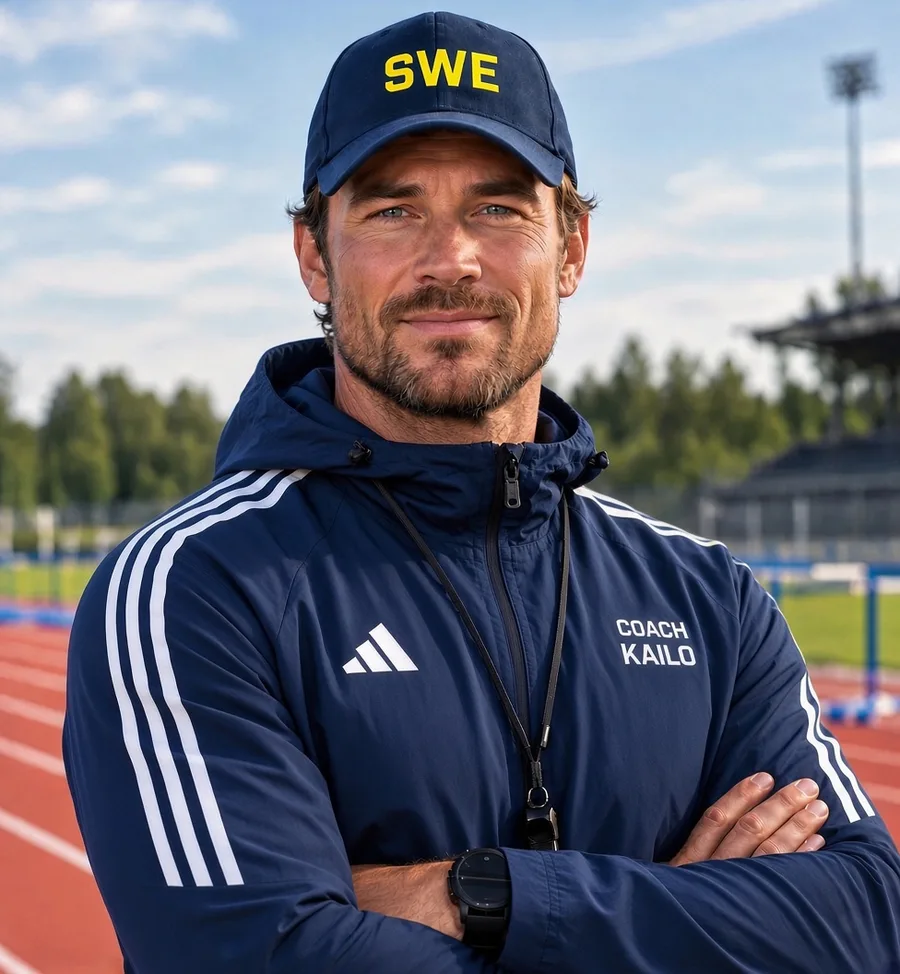 Illustration av Coach Kailo i blå träningsjacka på en löparbana